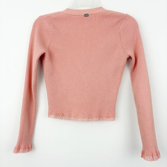 For Love & Lemons Nina Cardigan Size XS Peach Pink Lace Trim Ribbed Button Front - Picture 3 of 10